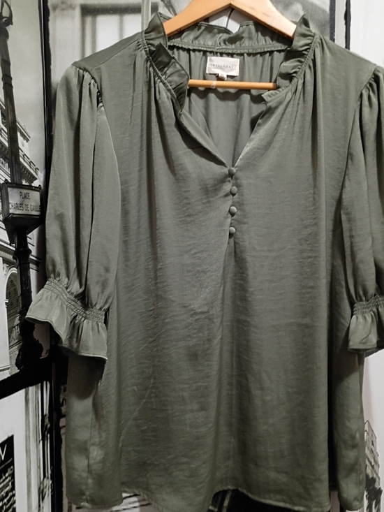 MELLODAY Tops - MELLODAY Satin XL Women Olive Green Ruffle-Neck Button Front Blouse